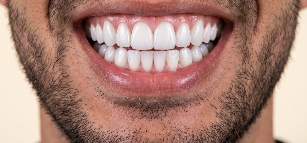 Sonrisa con carillas de resina, dientes blancos de un tono uniforme
